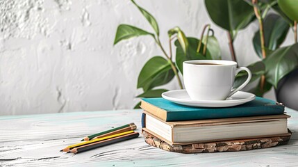 Naklejka premium A clean school desk with a stack of books, a pencil case, and a cup of coffee on a white background