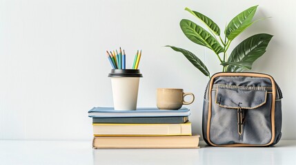 A clean school desk with a stack of books, a pencil case, and a cup of coffee on a white background
