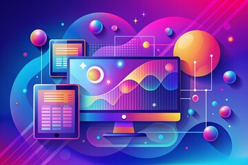Vibrant gradient background illustration for modern website banner, featuring stylish digital marketing and branding elements in a trendy, futuristic design aesthetic.