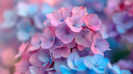 Obraz premium Macro shot of multicolored hydrangea flowers, dense cluster of pink, blue, and purple petals, soft focus, pastel palette, extreme close-up, floral texture, delicate petals.