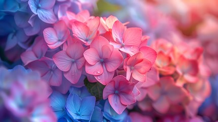 Obraz premium Macro shot of multicolored hydrangea flowers, dense cluster of pink, blue, and purple petals, soft focus, pastel palette, extreme close-up, floral texture, delicate petals.