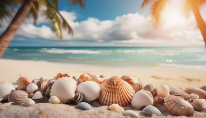 Krajobraz wakacyjny, palmy i muszle na plaży nad oceanem, generative ai