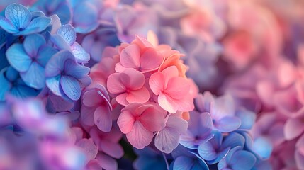 Obraz premium Macro shot of multicolored hydrangea flowers, dense cluster of pink, blue, and purple petals, soft focus, pastel palette, extreme close-up, floral texture, delicate petals.