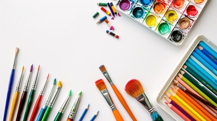 Obraz premium A school desk with art supplies, including paint brushes, a watercolor palette, and colored pencils, on a white background