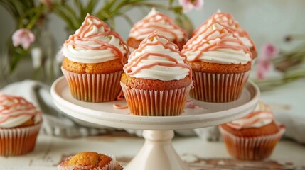 Delectable Vanilla Cupcakes with Pink Icing on Cake Stand