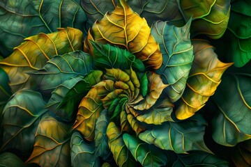 Obraz premium A tropical exotic leaf twisted into a spiral. Idyllic nature. Perfection in nature. Stock modern.