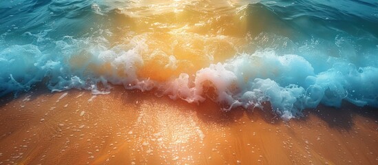 Fototapeta premium Ocean Wave Breaking on Sandy Shore at Sunset