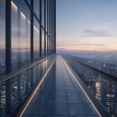 Obraz premium A modern sky bridge with glass panels and sleek railings connecting two buildings with stunning aerial views of the city below