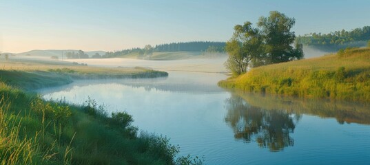 Obraz premium Serene Riverbank with Morning Mist