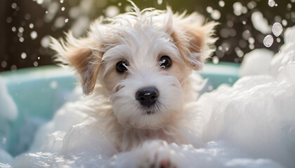 Baby Puppy in Bathtub with Shampoo Bubbles