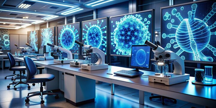 A futuristic laboratory setup with petri dishes, microscopes, and DNA sequencing machines analyzing virus samples, with glowing blue chromosomes and helix structures on screens.