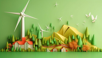 paper art renewable energy with green energy as wind turbine