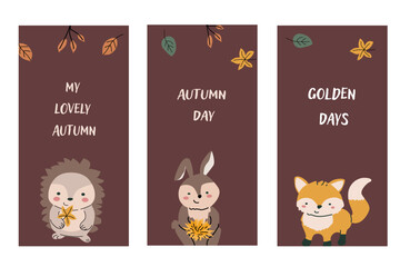 Vertical card template for fall autumn holidays. Banner for thanksgiving holiday, october seasonal celebration design. Childrens animals with fall leaves.
