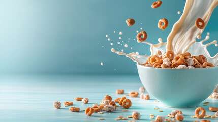 Bowl of cereal on vibrant background with milk splashes