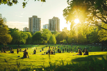 People enjoy a sunny day in a city park, relaxing on the grass surrounded by greenery and city buildings, depicting leisure in an urban setting. - Powered by Adobe