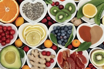 Fruit, vegetables, pulses, herbs, spices, nuts, grains, and pulses, rich in antioxidants, smart carbohydrates, omega 3, minerals, and vitamins.