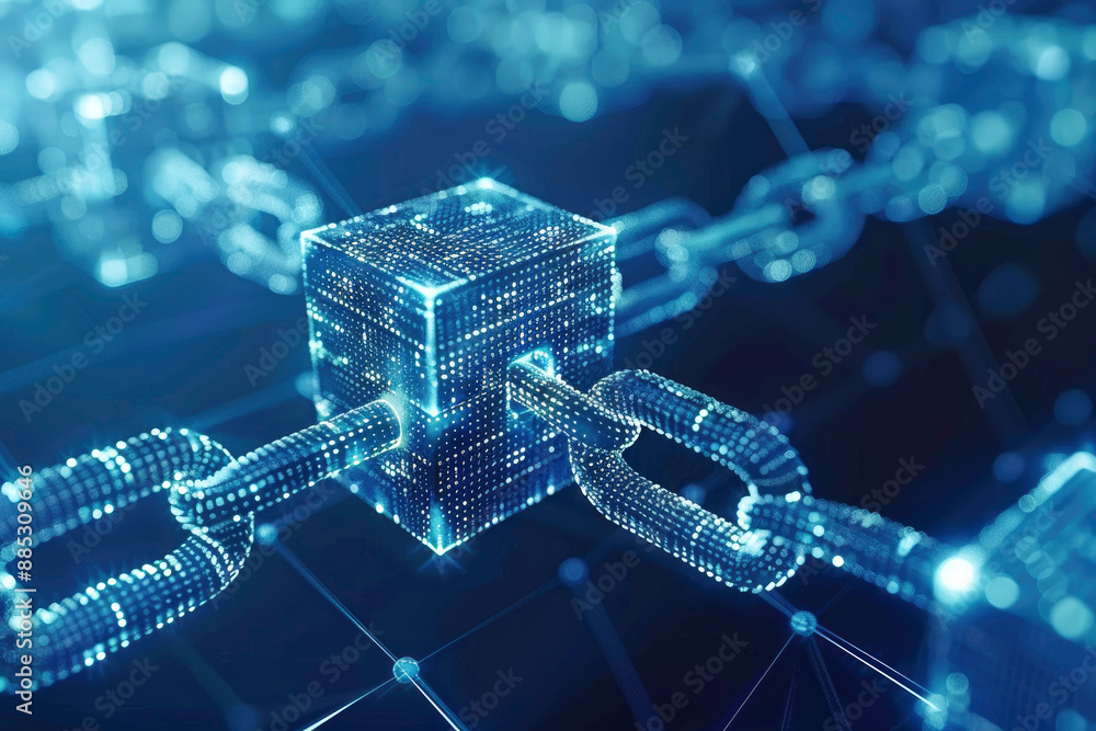 Poster an intricate digital illustration representing blockchain technology, featuring interconnected block