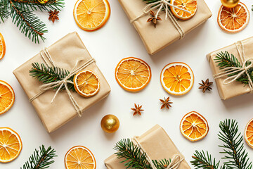 Christmas background with gifts, pine branches and dried orange slices on white background. Flat lay style, top view. stock photo contest winner, high resolution photo, detailed, high definition