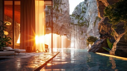 An artistic depiction of a piece of fabric that billows lightly in the breeze, with a wooden door partially open to a scenic natural landscape. Shiny, Minimal, and Simple,