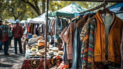 Obraz premium Shoppers at an outdoor flea market, exploring vintage clothing, antiques, and unique treasures