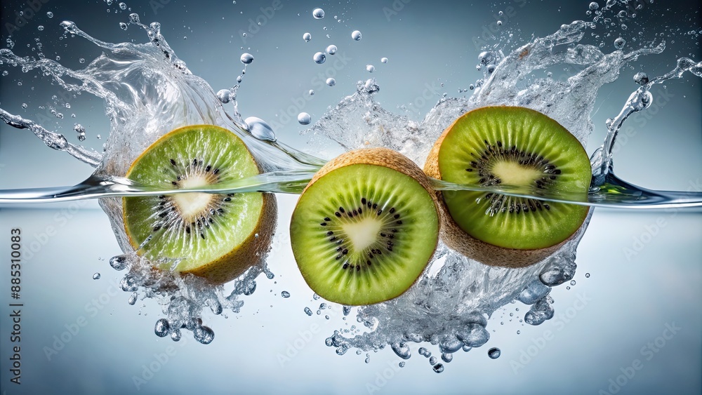 Sticker Kiwi slices falling into water creating bubbles and splashes, kiwi, fruit, slices, water, bubbles, splashing, fresh, healthy