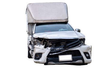 Full body front view of white delivery  car get damaged by accident on the road. damaged cars after collision. Isolated on transparent background, PNG File