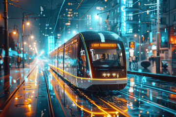 A sleek, modern tram rides through a brightly illuminated cityscape at night, reflecting lights and creating a futuristic urban scene.