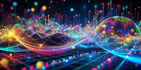 Naklejka premium Vibrant colorful 3D illustration of swirling data streams, nodes, and charts, showcasing AI-generated insights, trends, and patterns in a futuristic digital landscape.