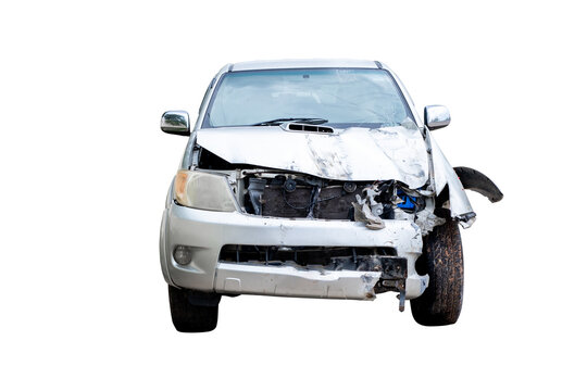 Front of broze or gray pickup get damaged by accident on the road. damaged cars after collision. isolated on transparent  background, car crash bumper for graphic design element, PNG File