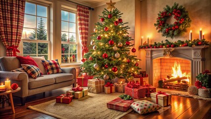 Obraz premium Cozy living room scene with beautifully decorated tree, wrapped gifts, and torn wrapping paper scattered around, evoking joyful family Christmas morning atmosphere.