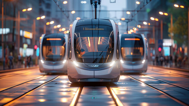 Three modern trams, sleek and glossy, move along parallel tracks in an urban area with evening lights reflecting on the wet streets.