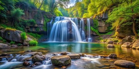 A stunning waterfall cascading down rocks into a tranquil forest stream, waterfall, forest, nature, scenic, cascade, stream