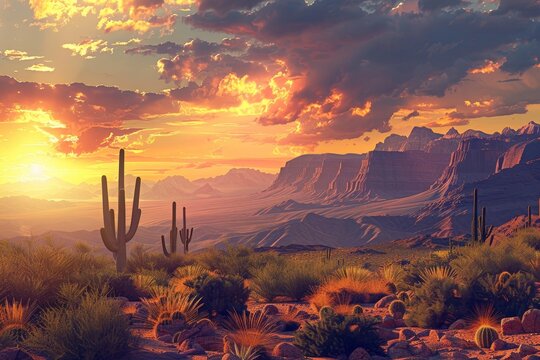 Near Phoenix, Arizona, USA, a desert sunset with mountains