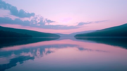Fototapeta premium A cinematic shot of a pristine lake at dusk rendered in soft pastels AI genrated illustration