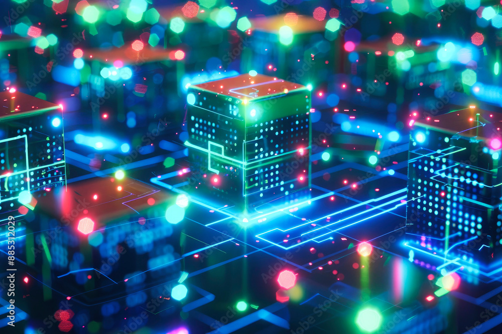 Poster a vibrant and colorful scene of digital cubes floating in the air, representing technology, data str