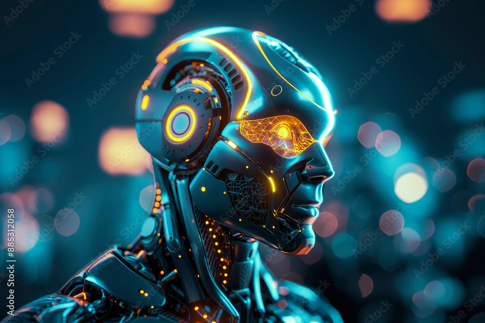 Poster a highly detailed robotic figure illuminated by neon lights, representing advanced robotics and futu