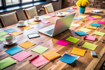 Colorful sticky notes, laptops, and papers scattered on a wooden table, highlighting a collaborative brainstorming session for a new product launch and business strategy planning.