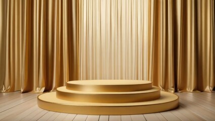 Luxury gold stage podiums with curtains. 3D render collection of elegant product display platforms for high-end presentations.