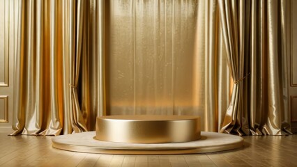 Luxury gold stage podiums with curtains. 3D render collection of elegant product display platforms for high-end presentations.