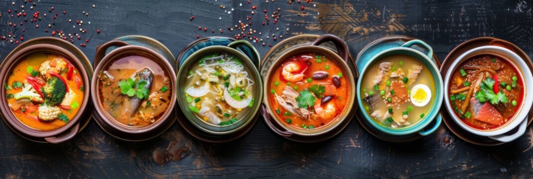 Asian Soups Set with Kespe Soup, Kullama or Beshbarmak, Fish Soup Bouillabaisse