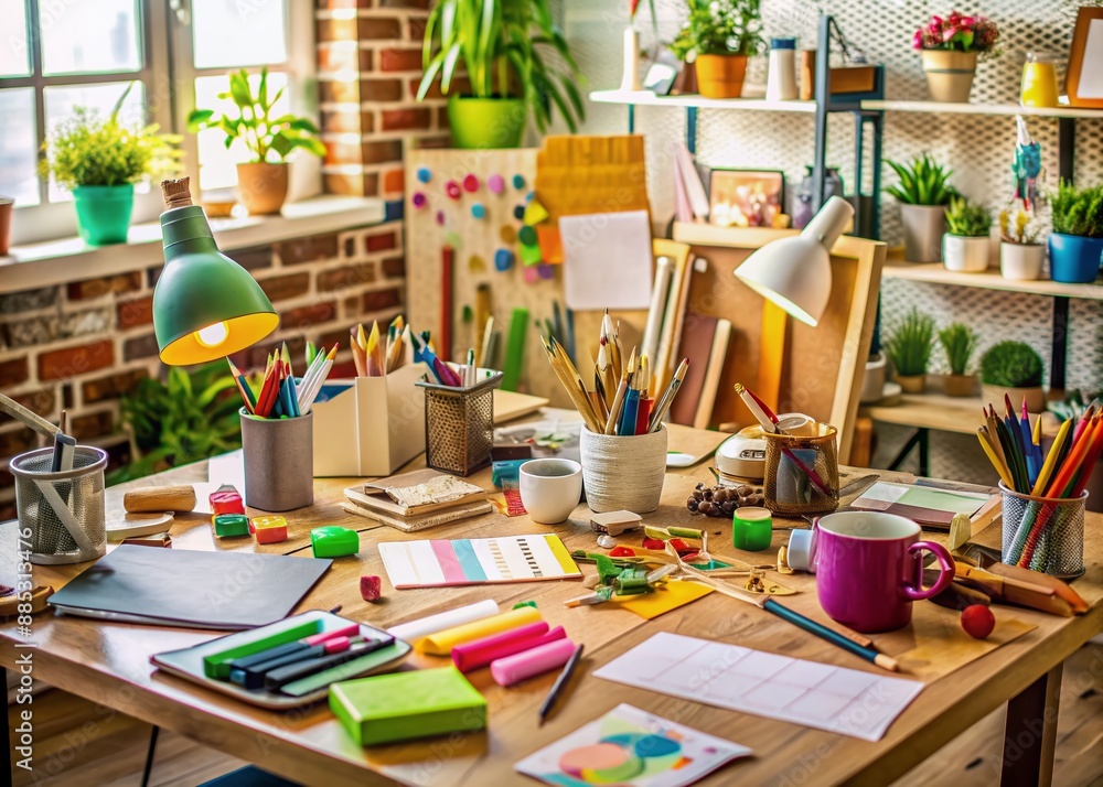 Poster cluttered design studio desk with scattered papers, pencils, and colorful notes, surrounded by creat