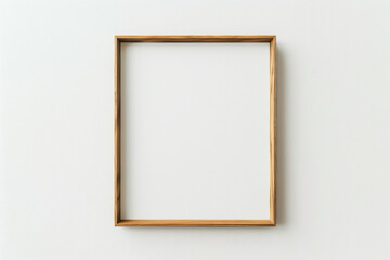 A simple wooden frame mockup on a white background, an empty blank poster template with a thin light wood border for artwork or picture display presentation design template. A top view.