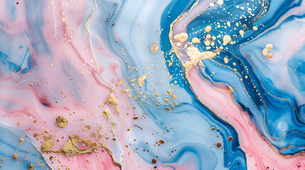 Luxurious Abstract Pink and Blue Marble Texture with Gold Splashes