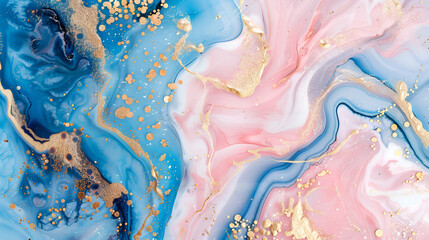 Luxurious Abstract Pink and Blue Marble Texture with Gold Splashes