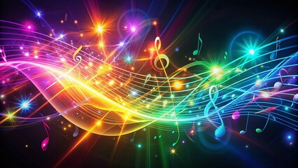 Fototapeta premium Vibrant neon notes and staff swirl together in mesmerizing harmony, surrounded by abstract sound waves and musical symbols, creating a dynamic conceptual music background.