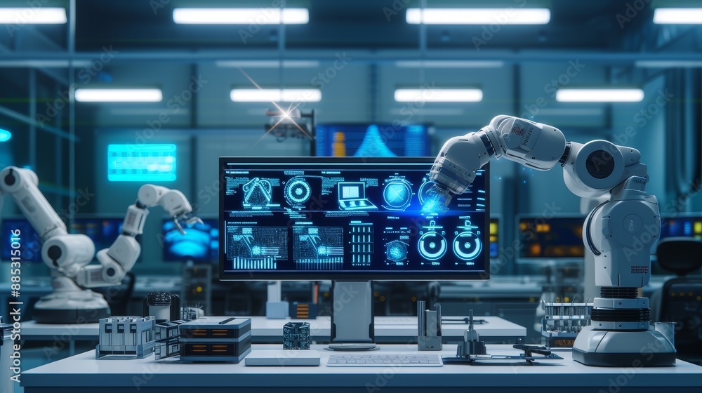 Aufkleber a collaborative workspace with smart robots performing data analysis ai genrated illustration