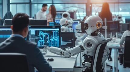 A collaborative workspace with smart robots performing data analysis  AI genrated illustration