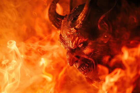 Scary demon monster in hell fire blurred background