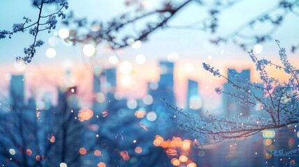 Cityscape with Cherry Blossoms and Bokeh Lights