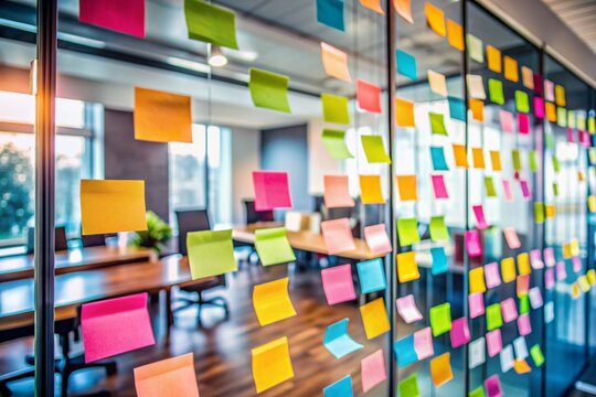 Vibrant color notes scattered on a glass wall, blurred in focus, against a soft office background, capturing the creative chaos of a brainstorming ideation session.